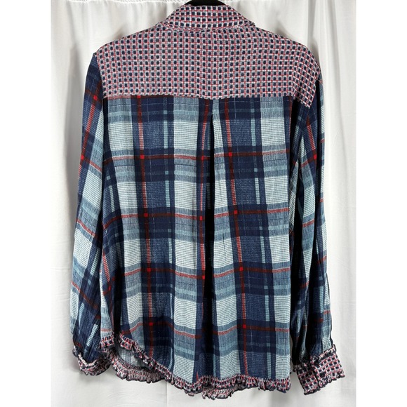 Bila Women's Plaid Long Sleeve Button Up Shirt Ruffle Trim Blue Red Large - Picture 6 of 8